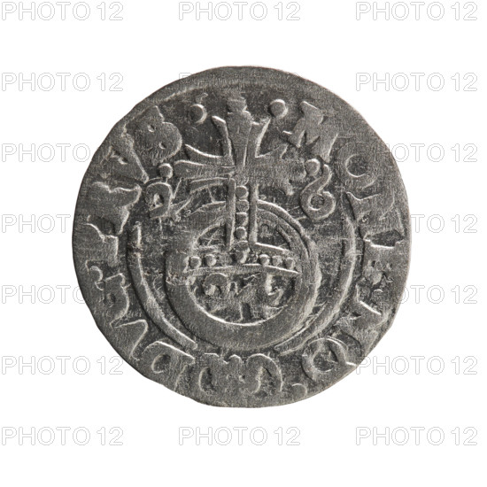 Obverse: Under the ducal mitre, a five-field heraldic shield; below in the shield the value numeral 3. On the rim between the borders, an inscription separated by the mitre and the value numeral GE.WI.MA. - SRIE. Reverse: Royal orb with a cross with arms terminating in finials; in the lower part of the orb, the value numerals 24; on the sides of the cross, date numerals 2-6. On the rim between the borders, an inscription separated by a cross and a heart - the hallmark .MONE.NO. - DVC.PRVS. 1626. Ducal Prussia (1525–1701), Königsberg. Coin: diameter 19.2 mm, weight 1.01 g, axis 315°. Maker: Ernest Pfahler. Iconography: cross, orb of rule, coats of arms.