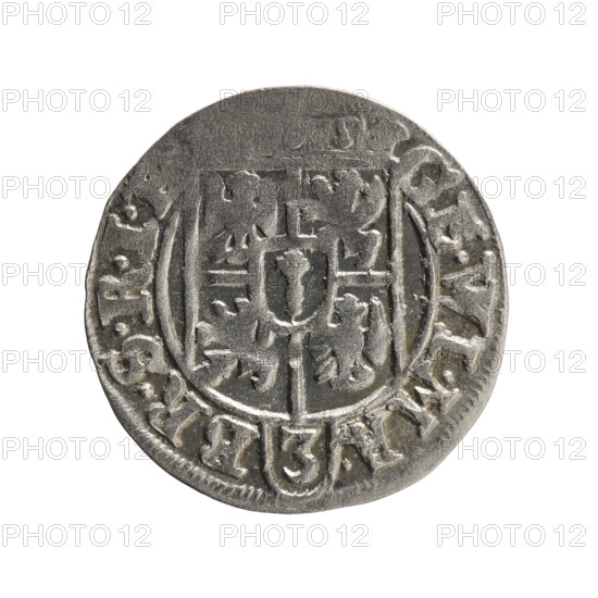 One-and-a-half (coin). Maker: Ernest Pfahler. Department of Coins of Lands Associated with Poland. George William of Hohenzollern (Elector of Brandenburg; Duke of Prussia; 1620–1640). Iconography: cross; orb of rule; coats of arms. Obverse: under the ducal mitre, a five-field heraldic shield; below in the shield the value numeral 3. In the rim between the borders, an inscription separated by the mitre and the value numeral GE.WI.MA. - BR.SRI. Reverse: royal orb with a cross with arms terminating in finials; in the lower part of the orb the value numerals 24; on the sides of the cross, date numerals 2-6. In the rim between the borders an inscription divided by a cross and a heart - the hallmark .MONE., DVC.PRVS., 1626. Place and period: Ducal Prussia (1525–1701), Königsberg. Coin: diameter 19.6 mm; weight 1.14 g; axis 225°.