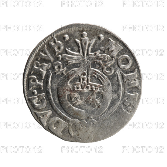 One-and-a-half; Ernest Pfahler. Obverse: Under the ducal mitre, a five-field heraldic shield; below in the shield the value numeral 3. In the rim between the borders, an inscription separated by the mitre and the value numeral GE.WI.MA. - BR.SRI. Reverse: Royal orb with a cross whose arms terminate in finials; in the lower part of the orb the value numerals 24; on the sides of the cross, date numerals 2-6. In the rim between the borders an inscription divided by a cross and a heart: .MONE., DVC.PRVS., 1626. Ducal Prussia (1525–1701), Königsberg. Coin: diameter 19.6 mm, weight 1.14 g, axis 225°.