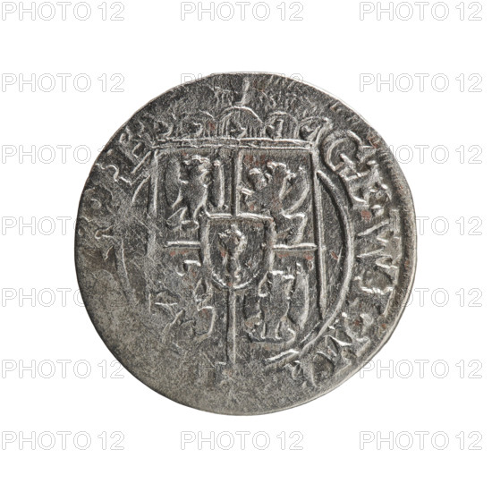 Obverse: Under the ducal mitre, a five-field coat of arms. On the rim between the borders is an inscription divided by the mitre GE.WI.M. Reverse: Royal orb with a cross with arms terminating in finials. In the lower part of the orb the numerals of the value 24. On the sides of the cross the numerals of the dates 2-, . In the rim between the borders an inscription divided by a cross and a heart - hallmark, N, NO - DVC.PRVS., 1626. George William of Hohenzollern (Elector of Brandenburg; Duke of Prussia; 1620–1640). Ducal Prussia (1525–1701), Königsberg. Coin: diameter 19.1 mm, weight 1.14 g, axis 70°. Maker: Pfahler, Ernest. cross (iconographic), orb of reign (iconographic), coats of arms.