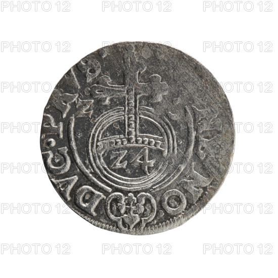 One-and-a-half (coin). Obverse: Under a ducal mitre, a five-field coat of arms; on the rim between the borders an inscription divided by the mitre GE.WI.M,E. Reverse: Royal orb with a cross whose arms terminate in finials; in the lower part of the orb the numerals of the value 24; on the sides of the cross the numerals of the date 2-.; in the rim between the borders an inscription divided by a cross and a heart—hallmark N, NO—DVC.PRVS., 1626. Issued under George William of Hohenzollern (Elector of Brandenburg; Duke of Prussia; 1620–1640). Ducal Prussia (1525–1701), Königsberg. Coin: diameter 19.1 mm, weight 1.14 g, axis 70°. Materials/style: (silver coin; iconography includes cross and orb).