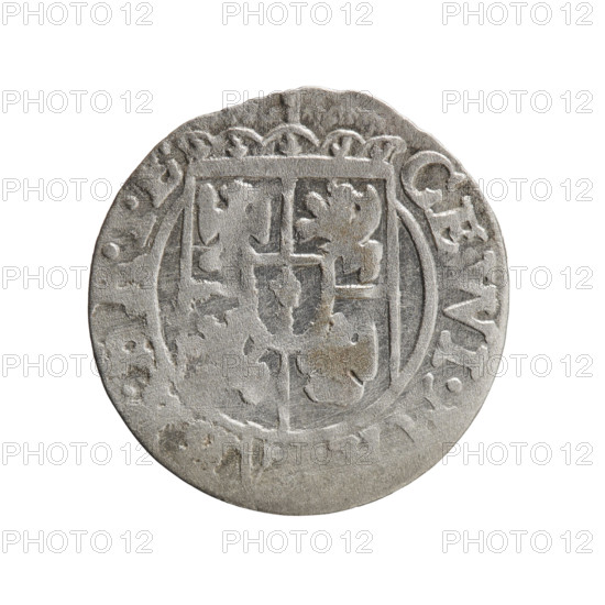 one-and-a-half, cross (iconographic), George William of Hohenzollern (Elector of Brandenburg; Duke of Prussia; 1620-1640), orb of rule (iconographic), coats of arms. Obv. Under the ducal mitre a five-field heraldic shield; below in the shield the value numeral 3. In the rim between the borders an inscription separated by the mitre and the value numeral GE.WI., BR.SRIE. Rv. Royal orb with a cross with arms terminating in finials. In the lower part of the orb the value numerals 24. On the sides of the cross the date numerals 2- . In the rim between the borders an inscription divided by a cross and a heart - the hallmark, ONE.NO. - DVC.PR, S., 1626. Ducal Prussia (1525-1701), Königsberg. Coin, diameter 19.4 mm, weight 0.95 g, axis 135 degrees.
