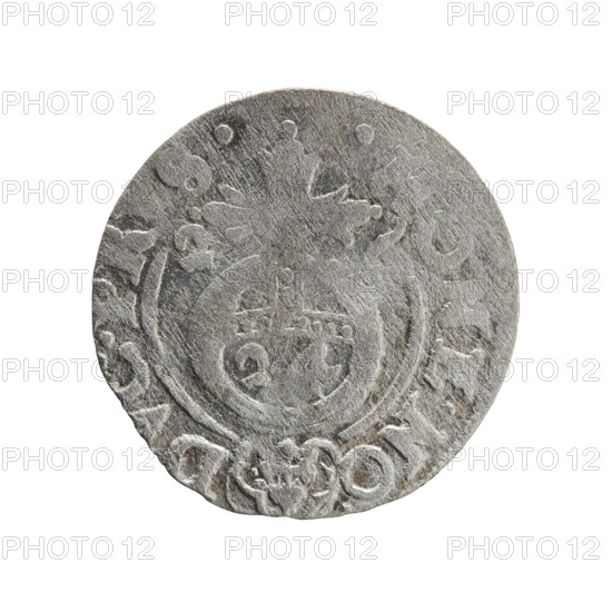 one-and-a-half, cross (iconographic), George William of Hohenzollern (Elector of Brandenburg; Duke of Prussia; 1620-1640), orb of rule (iconographic), coats of arms. Obv. Under the ducal mitre a five-field heraldic shield, below in the shield the value numeral 3. In the rim between the borders an inscription separated by the mitre and the value numeral GE.WI., BR.SRIE. Rv. Royal orb with a cross with arms terminating in finials. In the lower part of the orb the value numerals 24. On the sides of the cross the date numerals 2- . In the rim between the borders an inscription divided by a cross and a heart - the hallmark, ONE.NO. - DVC.PR, S., 1626. Ducal Prussia (1525-1701), Königsberg. Coin; diameter 19.4 mm; weight 0.95 g; axis 135 degrees.