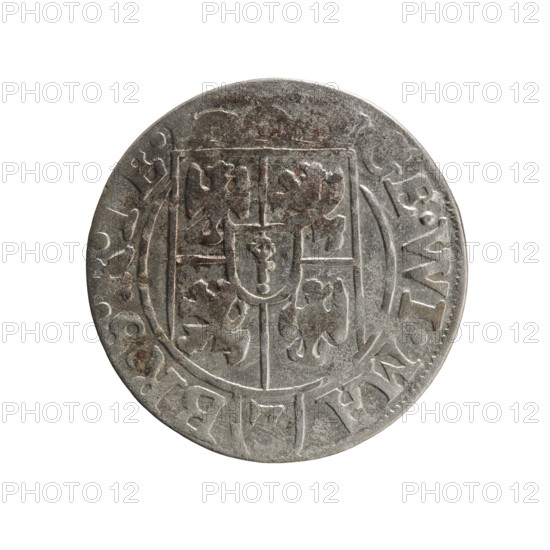 One and a half, Ernest Pfahler. George William Hohenzollern (Elector of Brandenburg; Duke of Prussia; 1620–1640). Cross (iconographic); orb of rule (iconographic); coats of arms. Obverse: under the ducal mitre a five-field heraldic shield, below in the shield the value numeral 3. On the rim between the borders an inscription separated by the mitre and the value numeral GE·WI·MA· - BR·SRI, E. Reverse: royal orb with a cross with arms terminating in finials. In the lower part of the orb the value numerals. On the sides of the cross the date numerals 1·6·2·7. On the rim between the borders an inscription separated by a cross and a heart - the hallmark ·MON·O· - DVC·PRVS·. 1627. Ducal Prussia (1525–1701), Königsberg. Coin: diameter 19.0 mm, weight 1.25 g, axis 230°.