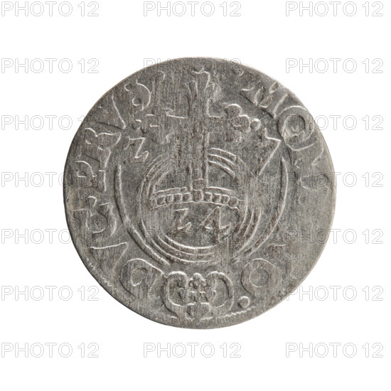 one and a half, George William Hohenzollern (Elector of Brandenburg; Duke of Prussia; 1620–1640), cross (iconographic), orb of rule (iconographic), coats of arms. Obv.: Under the ducal mitre a five-field heraldic shield; below in the shield the value numeral 3. On the rim between the borders an inscription separated by the mitre and the value numeral GE.WI.MA. - BR.SRI. Rev.: Royal orb with a cross with arms terminating in finials. In the lower part of the orb the value numerals. On the sides of the cross the date numerals 1-6-2-7. On the rim between the borders an inscription separated by a cross and a heart — the hallmark .MON, O. - DVC.PRVS., 1627. Ducal Prussia (1525–1701), Königsberg; coin: diameter 19.0 mm, weight 1.25 g, axis 230°.