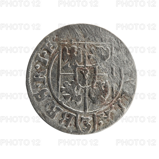 One-and-a-half; maker: Ernest Pfahler; subject: George William Hohenzollern (Elector of Brandenburg; Prince of Prussia; 1620–1640); iconography: cross, orb of rule, coats of arms; Obverse: under the ducal mitre a five-field heraldic shield, below in the shield the value numeral 3; in the rim between the borders an inscription separated by the mitre and the value numeral, MA. - BR.SRIE; Reverse: royal orb with a cross with arms terminating in finials; in the lower part of the orb the value numerals 4; on the sides of the cross the date numerals Z-7; in the rim between the borders an inscription divided by a cross and a heart — hallmark, E.NO. - DVC.PRVS, 1627; place/period: Ducal Prussia (1525–1701), Königsberg; object type/material: coin; dimensions: diameter 19.0 mm, weight 1.10 g, axis 315°.