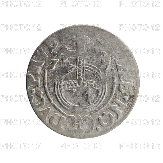 one-and-a-half, Pfahler, Ernest, George William Hohenzollern (Elector of Brandenburg; Prince of Prussia; 1620-1640), cross (iconographic), orb of rule (iconographic), coats of arms. Obverse: Under the ducal mitre a five-field heraldic shield; below in the shield the value numeral 3. In the rim between the borders an inscription separated by the mitre and the value numeral, MA. - BR.SRIE. Reverse: Royal orb with a cross with arms terminating in finials. In the lower part of the orb the value numerals 4. On the sides of the cross the date numerals Z-7. In the rim between the borders an inscription divided by a cross and a heart - hallmark, E.NO. - DVC.PRVS, 1627. Ducal Prussia (1525-1701), Königsberg; coin; diameter 19.0 mm; weight 1.10 g; axis 315 degrees.