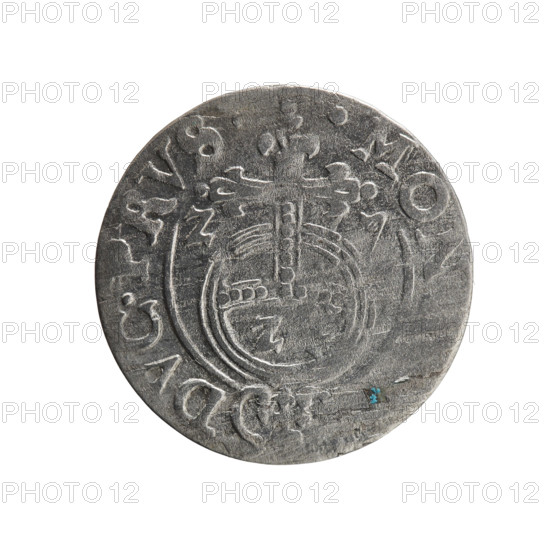 One-and-a-half, Ernest Pfahler. Obverse: Under a ducal mitre, a five-field coat of arms with the value numeral 3 below; rim inscription separated by the mitre and numeral: . , . - BR.SRIE. Reverse: Royal orb topped by a cross with arms terminating in finials; lower part of the orb shows value numerals Z, .; date numerals Z-7 flank the cross; rim inscription divided by a cross and a heart - hallmark .MON, - DVC.PRVS., 1627. Ducal Prussia (1525–1701), Königsberg. Coin; diameter 18.8 mm; weight 1.00 g; axis 225°.