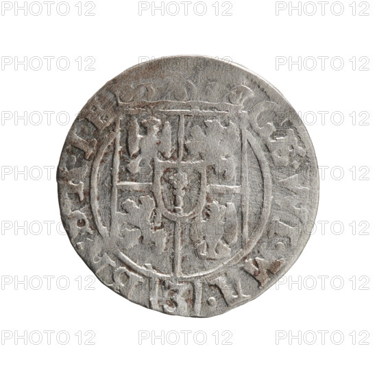 One and a half; Ernest Pfahler; George William Hohenzollern (Elector of Brandenburg; Duke of Prussia; 1620–1640); 1626; Ducal Prussia (1525–1701), Königsberg. Coin, diameter 19.0 mm, weight 1.18 g, axis 135°. Obverse: under the ducal mitre, a five-field heraldic shield with the value numeral 3 in the lower part of the shield; rim inscription separated by the mitre and the value numeral: .WI.MA.-. Reverse: royal orb with a cross whose arms terminate in finials; value numerals 4 in the lower part of the orb; date numerals 2-6 on the sides of the cross; rim inscription separated by a cross and a heart: .MONE.NO.-, PRVS.
