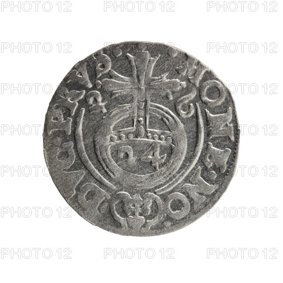 Obverse: Under the ducal mitre, a five-field heraldic shield; below in the shield the value numeral 3. On the rim between the borders, an inscription separated by the mitre and the value numeral, .WI.MA. -. Reverse: Royal orb with a cross with arms terminating in finials. In the lower part of the orb, the value numerals 4. On the sides of the cross, date numerals 2-6. On the rim between the borders, an inscription separated by a cross and a heart - hallmark .MONE.NO. - , PRVS., 1626. George William Hohenzollern (Elector of Brandenburg; Duke of Prussia; 1620–1640). Ducal Prussia (1525–1701), Königsberg. Coin: diameter 19.0 mm, weight 1.18 g, axis 135°. Maker: Pfahler, Ernest. Denomination: one and a half. Iconography: cross, orb of rule, coats of arms.