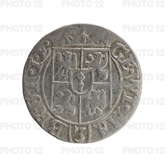 one and a half, Pfahler, Ernest, George William Hohenzollern (Elector of Brandenburg; Duke of Prussia; 1620–1640), cross (iconographic), orb of rule (iconographic), coats of arms. Obv.: Under the ducal mitre, a five-field heraldic shield; below in the shield the value numeral 3. On the rim between the borders, an inscription separated by the mitre and the value numeral GE.WI.MA - BR.SRIE. Rv.: Royal orb with a cross with arms terminating in finials; in the lower part of the orb, the value numerals Z4; on the sides of the cross, the date numerals Z-7. On the rim between the borders, an inscription separated by a cross and a heart - .MONE.NO. - DVC.PRVS. 1627. Ducal Prussia (1525–1701), Königsberg; coin; diameter 19.0 mm; weight 1.16 g; axis 270°.