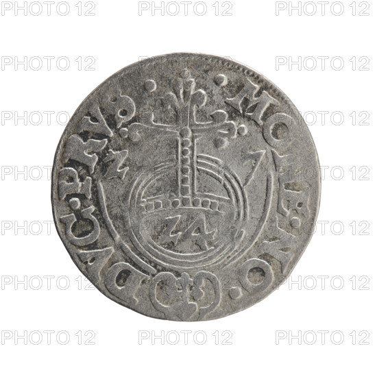 Obverse: Under the ducal mitre, a five-field heraldic shield; below in the shield the value numeral 3. On the rim between the borders, an inscription separated by the mitre and the value numeral GE.WI.MA - BR.SRIE. Reverse: Royal orb with a cross with arms terminating in finials. In the lower part of the orb, the value numerals 24. On the sides of the cross, the date numerals 27. On the rim between the borders, an inscription separated by a cross and a heart - .MONE.NO. - DVC.PRVS. 1627. Ducal Prussia (1525–1701), Königsberg; coin. Diameter 19.0 mm, weight 1.16 g, axis 270°.