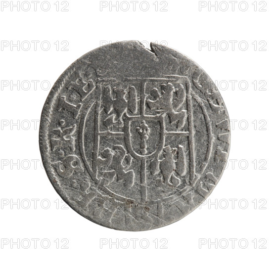 One-and-a-half unit coin. Obverse: under the ducal mitre a five-field coat of arms; below in the shield the value numeral 3. Rim inscription between borders separated by the mitre and the value numeral: BR.SRIE. Reverse: royal orb with a cross whose arms terminate in finials; in lower part of orb the value numerals 24; on the sides of the cross the date numerals 27. Rim inscription between borders separated by a cross and a heart: MONE.NO.DVC.PRV. 1627. George William Hohenzollern (Elector of Brandenburg; Duke of Prussia; 1620–1640). Ducal Prussia (1525–1701), Königsberg. Coin; diameter 18.7 mm; weight 1.19 g; axis 340°