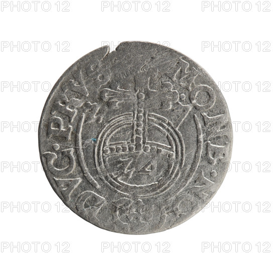 one-and-a-half, orb of rule (iconographic), George William Hohenzollern (Elector of Brandenburg; Duke of Prussia; 1620–1640), cross (iconographic), coats of arms. Obverse: under the ducal mitre a five-field coat of arms; below in the shield the value numeral 3. On the rim between the borders an inscription separated by the mitre and the value numeral: BR.SRIE. Reverse: royal orb with a cross with arms terminating in finials; in the lower part of the orb the value numerals 24; on the sides of the cross the date numerals 27; on the rim between the borders an inscription separated by a cross and a heart: MONE.NO. - DVC.PRV. 1627. Ducal Prussia (1525–1701), Königsberg; coin; diameter 18.7 mm; weight 1.19 g; axis 340°