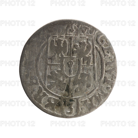 One-and-a-half; Pfahler, Ernest; Department of Coins of Lands Associated with Poland — George William Hohenzollern (Elector of Brandenburg; Duke of Prussia; 1620–1640). Obverse: under the ducal mitre, a five-field heraldic shield with the value numeral 3 in the lower part of the shield; in the rim between borders an inscription separated by the mitre and the value numeral GE·WI·MA·- BR·S. Reverse: royal orb with a cross whose arms terminate in finials; in the lower part of the orb the value numerals Z4; on the sides of the cross the date numerals Z-7; in the rim between the borders an inscription divided by a cross .MONE.NO· C.PRVS.· 1627. Ducal Prussia (1525–1701), Königsberg. Coin; diameter 19.0 mm; weight 1.12 g; axis 250°.