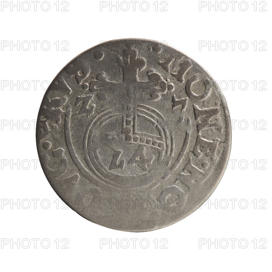 One-and-a-half (coin). Maker: Ernest Pfahler. Subject: George William Hohenzollern (Elector of Brandenburg; Duke of Prussia; 1620–1640). Obverse: Under a ducal mitre, a five-field heraldic shield with the value numeral 3 below; rim inscription separated by the mitre and the value numeral GE.WI.MA. - BR.S. Reverse: Royal orb with a cross whose arms terminate in finials; lower part of the orb with value numerals Z4; date numerals Z-7 on the sides of the cross; rim inscription divided by a cross .MONE.NO, C.PRVS., 1627. Place and polity: Ducal Prussia (1525–1701), Königsberg. Medium/function: coin. Dimensions: diameter 19.0 mm, weight 1.12 g, axis 250°.
