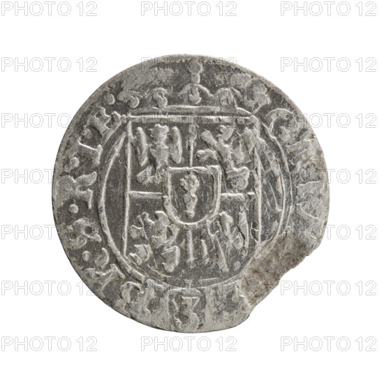 One-and-a-half, Pfahler, Ernest, Department of Coins of Lands Associated with Poland, George William Hohenzollern (Elector of Brandenburg; Duke of Prussia; 1620–1640), cross (iconographic), orb of rule (iconographic), coats of arms. Obverse: under the ducal mitre, a five-field coat of arms; below in the shield the value numeral 3. In the rim between the borders an inscription separated by the mitre and the value numeral, BR.SRIE Rw. Reverse: royal orb with a cross with arms terminating in finials; in the lower part of the orb the value numerals Z4; on the sides of the cross the date numerals Z-7; in the rim between the borders an inscription divided by a cross and a heart - the hallmark .MONE.NO.-. 1627. Ducal Prussia (1525–1701), Königsberg. Coin: diameter 19.0 mm, weight 1.08 g, axis 315°.