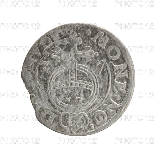 One-and-a-half; Ernest Pfahler; Department of Coins of Lands Associated with Poland. George William Hohenzollern (Elector of Brandenburg; Duke of Prussia; 1620–1640). Cross (iconographic); orb of rule (iconographic); coats of arms. Obverse: under the ducal mitre, a five-field coat of arms; below in the shield the value numeral 3. In the rim between the borders an inscription separated by the mitre and the value numeral, BR.SRIE Rw. Reverse: royal orb with a cross with arms terminating in finials; in the lower part of the orb the value numerals Z4; on the sides of the cross the date numerals Z-7; in the rim between the borders an inscription divided by a cross and a heart - the hallmark .MONE.NO.-. 1627; Ducal Prussia (1525–1701), Königsberg. Coin: diameter 19.0 mm; weight 1.08 g; axis 315°.