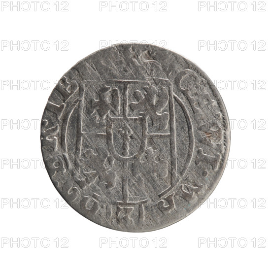 one and a half, cross (iconographic), George William of Hohenzollern (Elector of Brandenburg; Duke of Prussia; 1620–1640), orb of reign (iconographic), coats of arms. Obv. Under the ducal mitre a five-field heraldic shield, below in the shield the value numeral 3. On the rim between the borders an inscription separated by the mitre and the value numeral GE.WI.MA, .IE Rw. Royal orb with a cross with arms terminating in finials. In the lower part of the orb the value numerals, 4. On the sides of the cross the date numerals, -7. On the rim between the borders an inscription separated by a cross MONE., C.PRVS., 1627. Ducal Prussia (1525–1701), Königsberg; coin: diameter 18.6 mm, weight 1.01 g, axis 200 degrees