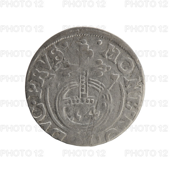 one and a half, cross (iconographic), George William of Hohenzollern (Elector of Brandenburg; Duke of Prussia; 1620–1640), orb of reign (iconographic), coats of arms. Obv. Under the ducal mitre a five-field heraldic shield; below in the shield the value numeral 3. On the rim between the borders an inscription separated by the mitre and the value numeral GE.WI.MA, .IE Rw. Royal orb with a cross with arms terminating in finials. In the lower part of the orb the value numerals 4. On the sides of the cross the date numerals -7. On the rim between the borders an inscription separated by a cross MONE., C.PRVS., 1627. Ducal Prussia (1525–1701), Königsberg, coin; diameter 18.6 mm, weight 1.01 g, axis 200 degrees