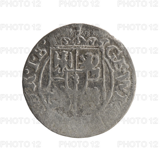 One-and-a-half (3 groschen?), Pfahler, Ernest. George William Hohenzollern (Elector of Brandenburg; Duke of Prussia; 1620–1640). Obverse: under the ducal mitre a five-field coat of arms; below in the shield the value numeral 3. Rim between borders with inscription separated by the mitre and the value numeral GE.W, RIE Rw. Royal orb with a cross whose arms terminate in florettes; in the lower part of the orb the value numerals 4. On the sides of the cross the date numerals Z-, . Rim inscription divided by a cross and a heart hallmark NO. - DVC.PRVS., 1627. Ducal Prussia (1525–1701), Königsberg. Coin: diameter 19.3 mm, weight 1.08 g, axis 100°.