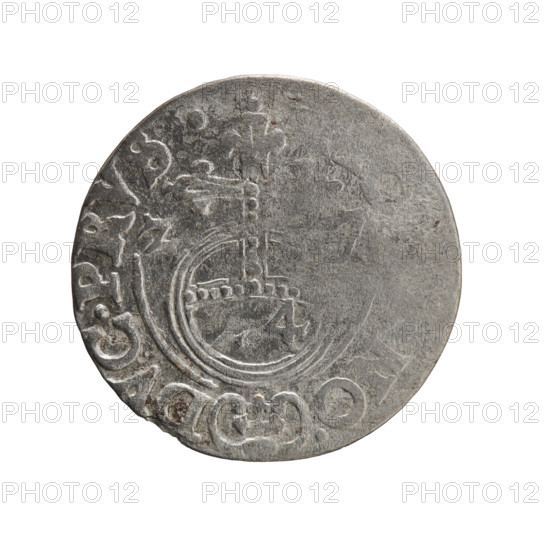One-and-a-half coin attributed to Ernest Pfahler. Obverse: under the ducal mitre a five-field coat of arms; below in the shield the value numeral 3. Rim between borders bears an inscription separated by the mitre and the value numeral 'GE.W, RIE Rw.' Royal orb with a cross whose arms terminate in florettes; lower part of the orb shows the value numerals '4.' On the sides of the cross are date numerals 'Z-, .' Rim between borders has an inscription divided by a cross and a heart hallmark, reading 'NO. - DVC.PRVS., 1627.' Duchy of Prussia (1525–1701), Königsberg mint. Coin: diameter 19.3 mm, weight 1.08 g, axis 100°.