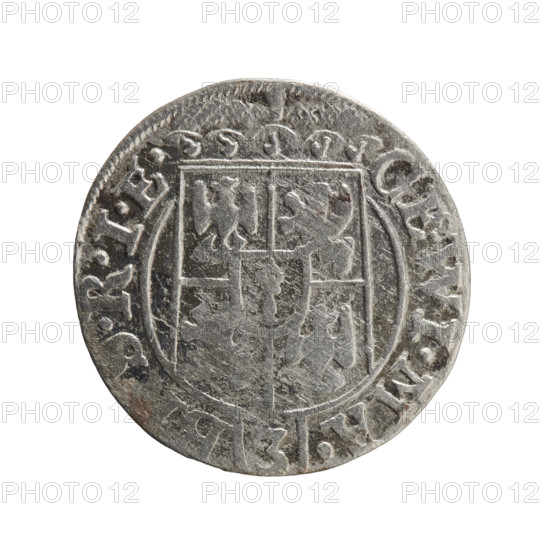 one and a half, George William Hohenzollern (Elector of Brandenburg; Duke of Prussia; 1620-1640), orb of reign (iconographic), cross (iconographic), coats of arms. Obv. Under the ducal mitre, a five-field coat of arms; below in the shield the value numeral 3. On the rim between the borders an inscription separated by the mitre and the value numeral GE.WI.MA. - BR.SRIE. Rev. Royal orb with a cross with arms terminating in finials. In the lower part of the orb the value numerals Z, . On the sides of the cross the date numerals Z-7. On the rim between the borders an inscription separated by a cross and a heart - the hallmark mark .MONE.NO. - , PR, Königsberg. Coin: diameter 19.4 mm, weight 1.08 g, axis 180 degrees