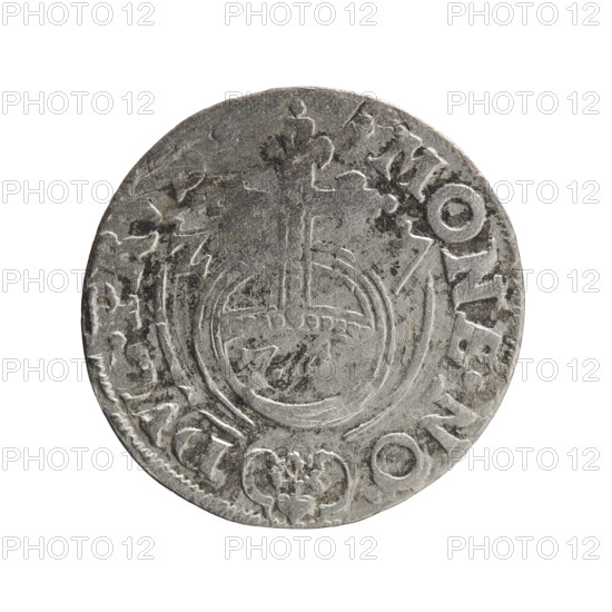 one and a half; George William Hohenzollern (Elector of Brandenburg; Duke of Prussia; 1620–1640); orb of reign (iconographic), cross (iconographic), coats of arms. Obverse: under the ducal mitre, a five-field coat of arms; below in the shield the value numeral 3. On the rim between the borders an inscription separated by the mitre and the value numeral GE.WI.MA. - BR.SRIE. Reverse: royal orb with a cross with arms terminating in finials; in the lower part of the orb the value numerals Z; on the sides of the cross the date numerals Z-7; on the rim between the borders an inscription separated by a cross and a heart - the hallmark mark .MONE.NO. - PR. Königsberg. Coin: diameter 19.4 mm, weight 1.08 g, axis 180 degrees.