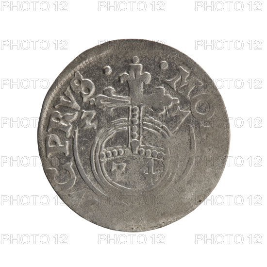 One-and-a-half pfennig (3 value), Ernest Pfahler; Department of Coins of Lands Associated with Poland — George William Hohenzollern (Elector of Brandenburg; Duke of Prussia; 1620–1640). Obverse: under the ducal mitre, five-field coat of arms with value numeral 3 in the lower shield; rim inscription separated by the mitre and the value numeral GE·WI·IE Rw. Reverse: royal orb with a cross ending in finials; lower part of orb shows value numerals Z4; on sides of the cross date numerals Z-7; rim inscription divided by a cross .MO·C·PRVS·1627. Ducal Prussia (1525–1701), Königsberg. Coin: diameter 19.0 mm, weight 1.18 g, axis 30°.