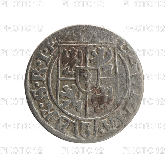 One-and-a-half coin. Obverse: under the ducal mitre, a five-field coat of arms; below in the shield the value numeral 3; in the rim between the borders an inscription separated by the mitre and the value numeral, A. - BR.SRIE. Reverse: royal orb with a cross whose arms terminate in finials; in the lower part of the orb, value numerals Z, . On the sides of the cross, date numerals Z-7. In the rim between the borders an inscription divided by a cross and a heart - the hallmark .MONE.NO -, PRVS., 1627. Issued for Ducal Prussia (1525–1701), Königsberg. Coin: diameter 18.8 mm, weight 1.05 g, axis 45°. Maker: Ernest Pfahler. Iconography: orb of rule, cross, coats of arms.