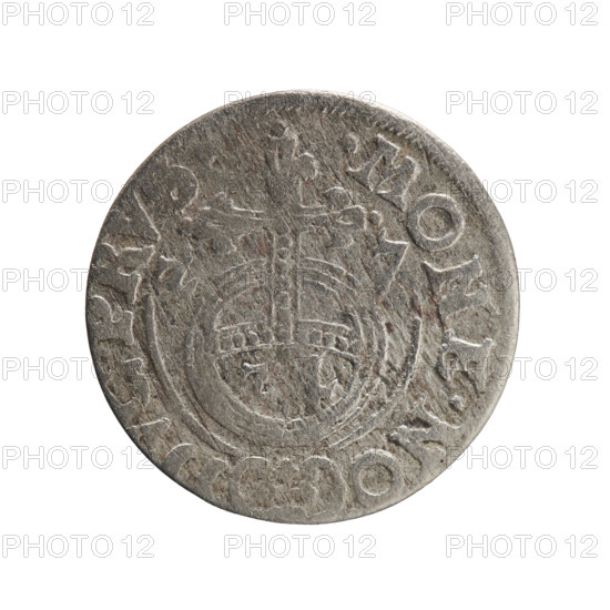 One-and-a-half; Ernest Pfahler; Department of Coins of Lands Associated with Poland. George William Hohenzollern (Elector of Brandenburg; Duke of Prussia; 1620–1640). Obverse: under the ducal mitre, a five-field coat of arms; below in the shield the value numeral 3. In the rim between the borders an inscription separated by the mitre and the value numeral, A. - BR.SRIE. Reverse: royal orb with a cross with arms terminating in finials; in the lower part of the orb, value numerals Z.; on the sides of the cross, date numerals Z-7. In the rim between the borders an inscription divided by a cross and a heart — the hallmark .MONE.NO -, PRVS., 1627. Ducal Prussia (1525–1701), Königsberg. Coin; diameter 18.8 mm; weight 1.05 g; axis 45°.