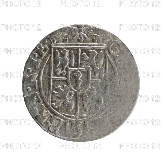 One-and-a-half (3 groschen?), Ernest Pfahler; George William Hohenzollern (Elector of Brandenburg; Duke of Prussia; 1620–1640). Obverse: under the ducal mitre, a five-field coat of arms with the value numeral 3 in the shield; in the rim between borders an inscription separated by the mitre and the value numeral G - BR.SRIE. Reverse: royal orb with a cross whose arms terminate in finials; in the lower part of the orb the value numerals Z4; on the sides of the cross the date numerals Z-7; in the rim between borders an inscription divided by a cross and a heart - the hallmark, ONE.NO. - DVC.PRV, 1627. Iconography: orb of rule, cross, coats of arms. Königsberg, Ducal Prussia (1525–1701). Coin; diameter 19.2 mm, weight 0.97 g, axis 230°.