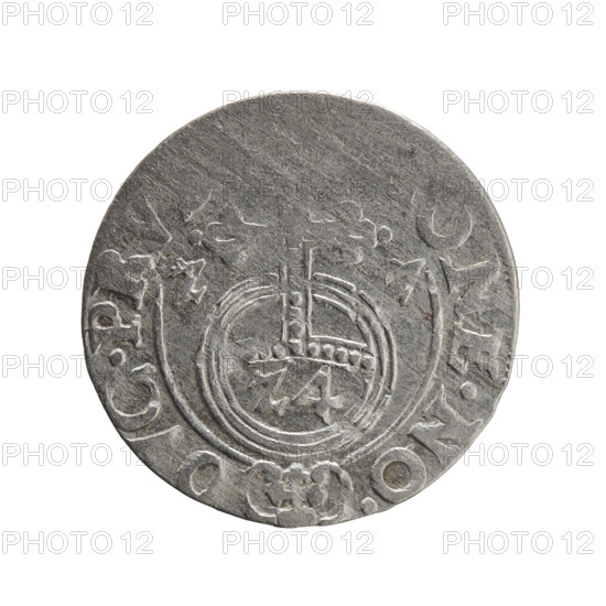 One-and-a-half, Ernest Pfahler; George William Hohenzollern (Elector of Brandenburg; Duke of Prussia; 1620–1640). Coin (1627, Königsberg, Ducal Prussia). Obverse: Under a ducal mitre, a five-field coat of arms; below in the shield the value numeral 3. In the rim between the borders an inscription separated by the mitre and the value numeral G - BR.SRIE. Reverse: Royal orb with a cross whose arms terminate in finials; in the lower part of the orb the value numerals Z4; on the sides of the cross the date numerals Z-7. In the rim between the borders an inscription divided by a cross and a heart — the hallmark, ONE.NO. - DVC.PRV. Coin: diameter 19.2 mm, weight 0.97 g, axis 230°.
