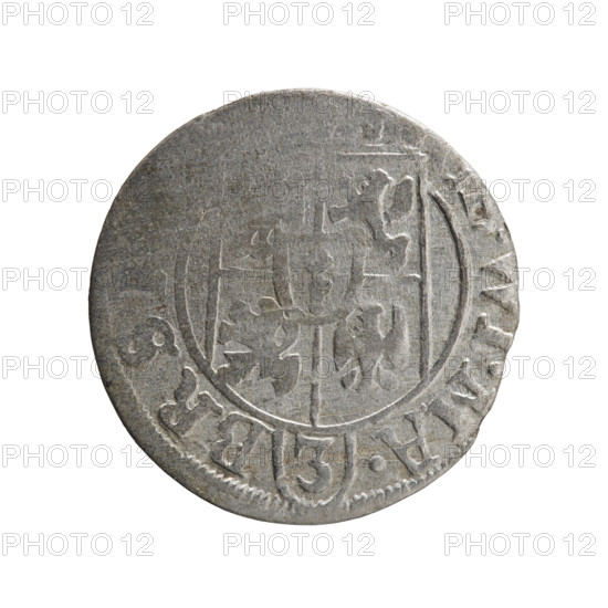 one-and-a-half, orb of rule (iconographic), cross (iconographic), George William Hohenzollern (Elector of Brandenburg; Duke of Prussia; 1620-1640), coats of arms. Obv.: Under the ducal mitre, a five-field coat of arms; below in the shield the value numeral 3. In the rim between the borders an inscription separated by the mitre and the value numeral, .MA. - BR. Rev.: Royal orb with a cross with arms terminating in finials. In the lower part of the orb, the value numerals Z4. On the sides of the cross, the date numerals Z-7. In the rim between the borders an inscription divided by a cross and a heart - hallmark, NO. - DVC.PRV, 1627. Ducal Prussia (1525-1701), Königsberg; coin: diameter 19.0 mm, weight 0.98 g, axis 30 degrees.