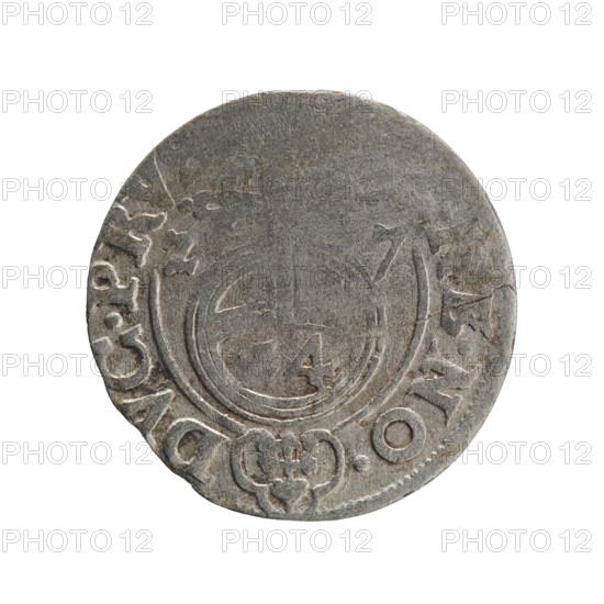 One-and-a-half (3), orb of rule (iconographic), cross (iconographic); George William Hohenzollern (Elector of Brandenburg; Duke of Prussia; 1620–1640); coats of arms. Obv.: Under the ducal mitre, a five-field coat of arms; below in the shield the value numeral 3. In the rim between the borders an inscription separated by the mitre and the value numeral, .MA. - BR. Rev.: Royal orb with a cross with arms terminating in finials; in the lower part of the orb, the value numerals 24; on the sides of the cross, the date numerals 27. In the rim between the borders an inscription divided by a cross and a heart - hallmark, NO. - DVC.PRV. 1627. Ducal Prussia (1525–1701), Königsberg. Coin: diameter 19.0 mm; weight 0.98 g; axis 30°.