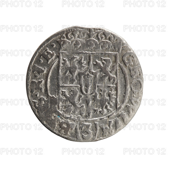 One-and-a-half coin, cross (iconographic), orb of rule (iconographic), coats of arms, George William Hohenzollern (Elector of Brandenburg; Duke of Prussia; 1620–1640). Obverse: under the ducal mitre a five-field coat of arms; below in the shield a value numeral 3. In the rim between the rims an inscription divided by the mitre and the value numeral GEO.WILM - B, SRIE Rw. Reverse: royal orb with a cross with arms ending in finials. In the lower part of the apple, the numerals of the value 24. On the sides of the cross, the numerals of the dates 3-3. In the rim between the rims, an inscription divided by a cross and a heart - the hallmark MONE., - DVC.PRVS., 1633. Ducal Prussia (1525–1701), Königsberg. Coin: diameter 18.5 mm, weight 0.91 g, axis 0°.