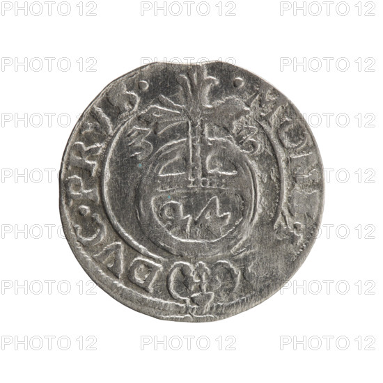 One-and-a-half coin. Maker: Ernest Pfahler. Subject: George William Hohenzollern (Elector of Brandenburg; Duke of Prussia; 1620–1640). Obverse: Under the ducal mitre a five-field coat of arms; below in the shield a value numeral '3'. In the rim between the rims an inscription divided by the mitre and the value numeral: 'GEO.WILM - B, SRIE' (sic). Reverse: Royal orb with a cross whose arms end in finials; in the lower part of the apple the numeral of value '24'; on the sides of the cross the numerals of the date '3–3'. In the rim between the rims an inscription divided by a cross and a heart: 'MONE., - DVC.PRVS., 1633' (hallmark present). Place/date: Ducal Prussia (1525–1701), Königsberg, 1633. Object type and specs: coin; diameter 18.5 mm; weight 0.91 g; axis 0°.