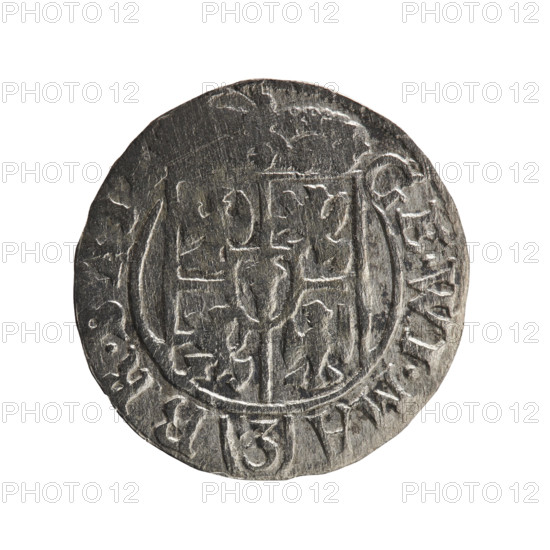 One-and-a-half; Ernest Pfahler; Department of Coins of Lands Associated with Poland. George William Hohenzollern (Elector of Brandenburg; Duke of Prussia; 1620–1640). Obverse: under the ducal mitre, a five-field coat of arms; below in the shield the value numeral 3; in the rim between the borders an inscription separated by the mitre and the value numeral GE.WI.MA. - BR. Reverse: royal orb with a cross with arms terminating in finials; in the lower part of the orb the value numerals 24; on the sides of the cross the date numerals 2-8; in the rim between the borders an inscription divided by a cross and a heart and the hallmark .MON. DVC.PRVS. 1628. Iconography: orb of rule, cross, coats of arms. Ducal Prussia (1525–1701), Königsberg. Coin: diameter 19.3 mm, weight 1.03 g, axis 230°.