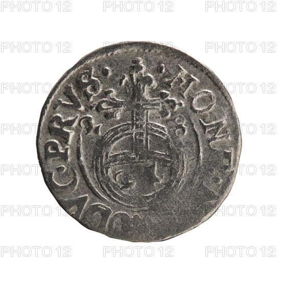 One-and-a-half; Ernest Pfahler; Department of Coins of Lands Associated with Poland. George William Hohenzollern (Elector of Brandenburg; Duke of Prussia; 1620–1640). Orb of rule (iconographic); cross (iconographic); coats of arms. Obverse: Under the ducal mitre, a five-field coat of arms; below in the shield the value numeral 3. In the rim between the borders an inscription separated by the mitre and the value numeral GE.WI.MA. - BR. Reverse: Royal orb with a cross with arms terminating in finials; in the lower part of the orb the value numerals 24; on the sides of the cross the date numerals 2-8. In the rim between the borders an inscription divided by a cross and a heart - the hallmark .MON. . DVC.PRVS. 1628. Ducal Prussia (1525–1701), Königsberg. Coin: diameter 19.3 mm; weight 1.03 g; axis 230°.
