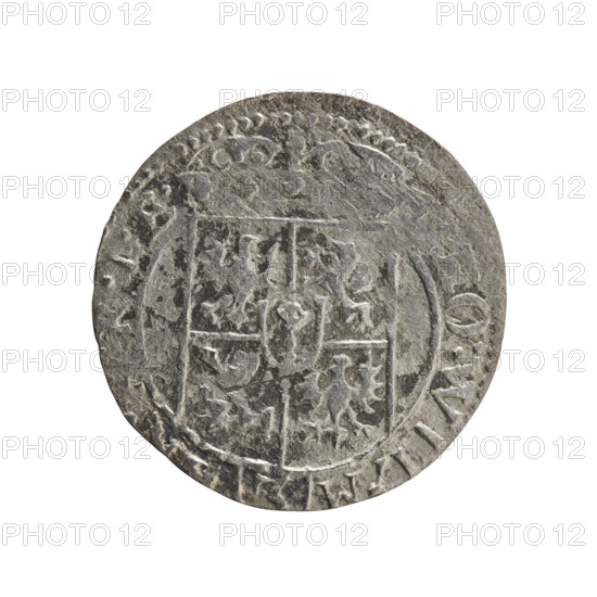 One-and-a-half coin (1½), Ernest Pfahler; orb of rule and cross iconography; George William Hohenzollern (Elector of Brandenburg; Duke of Prussia; 1620–1640); coats of arms. Obverse: under the ducal mitre a five-field coat of arms; below in the shield the value numeral 3. In the rim between the borders an inscription separated by the mitre and the value numeral: O:WIL.M -, RIE. Reverse: royal orb with a cross whose arms terminate in finials; in the lower part of the orb the value numerals 24; on the sides of the cross the date numerals 3-3. In the rim between the borders an inscription divided by a cross and a heart: .MONE.NO - DVC.PRVS. Date: 1633. Place: Ducal Prussia (1525–1701), Königsberg. Coin: diameter 18.7 mm, weight 0.72 g, axis 300°.