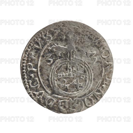 one-and-a-half, orb of rule (iconographic), cross (iconographic), George William Hohenzollern (Elector of Brandenburg; Duke of Prussia; 1620-1640), coats of arms. Obv.: Under the ducal mitre a five-field coat of arms; below in the shield the value numeral 3. In the rim between the borders an inscription separated by the mitre and the value numeral, O:WIL.M -, RIE. Rev.: Royal orb with a cross with arms terminating in finials. In the lower part of the orb the value numerals 24. On the sides of the cross the date numerals 3-3. In the rim between the borders an inscription divided by a cross and a heart - the hallmark .MONE.NO - DVC.PRVS., 1633. Ducal Prussia (1525-1701), Königsberg; coin: diameter 18.7 mm, weight 0.72 g, axis 300 degrees.