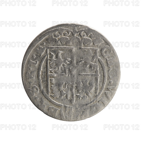 one-and-a-half, Pfahler, Ernest, orb of reign (iconographic), George William Hohenzollern (Elector of Brandenburg; Duke of Prussia; 1620–1640), cross (iconographic), coats of arms. Obv.: Under the ducal mitre, a five-field coat of arms; below in the shield the value numeral 3. In the rim between the borders an inscription separated by the mitre and the value numeral. Reverse: Royal orb with a cross with arms terminating in finials; in the lower part of the orb the value numerals 24; on the sides of the cross the date numerals 3-, . In the rim between the borders an inscription divided by a cross and a heart — the hallmark, VS., 163. Ducal Prussia (1525–1701), Königsberg; coin, diameter 18.4 mm, weight 0.76 g, axis 0 degrees.