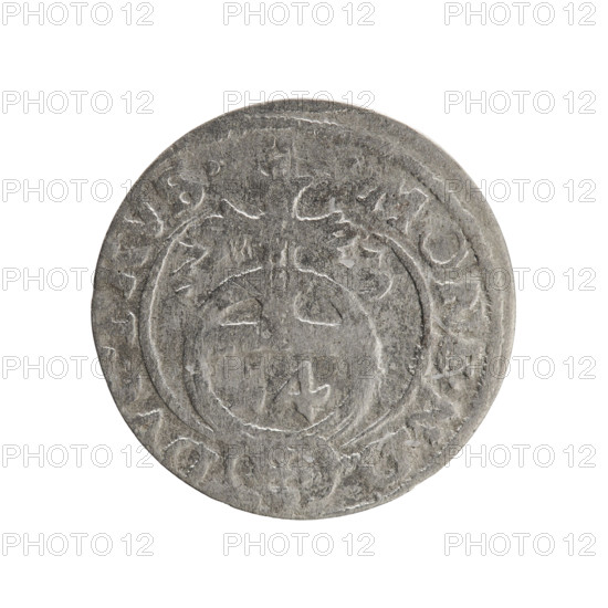 one-and-a-half, Pfahler, Ernest, orb of reign (iconographic), George William Hohenzollern (Elector of Brandenburg; Duke of Prussia; 1620-1640), cross (iconographic), coats of arms. Obv.: Under the ducal mitre, a five-field coat of arms; below in the shield the value numeral 3. In the rim between the borders an inscription separated by the mitre and the value numeral, .S, Rw. Rev.: Royal orb with a cross with arms terminating in finials. In the lower part of the orb the value numerals 24. On the sides of the cross the date numerals 3-, . In the rim between the borders an inscription divided by a cross and a heart - the hallmark, VS., 163. Ducal Prussia (1525–1701), Königsberg; coin: diameter 18.4 mm, weight 0.76 g, axis 0 degrees.