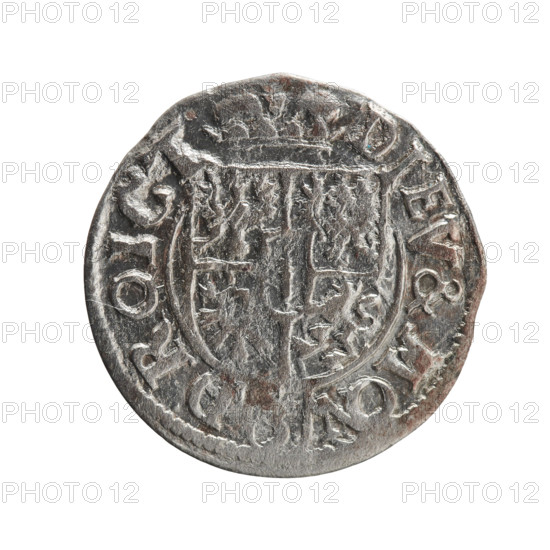 one and a half, Pfahler, Ernest, cross (iconographic), George William Hohenzollern (Elector of Brandenburg; Duke of Prussia; 1620-1640), orb of rule (iconographic), coats of arms. Obv.: Royal orb with a cross with arms terminating in finials; in the lower part of the orb, value numerals; on the sides of the cross, date numerals. In the rim between the borders, an inscription divided by a cross and terminating with a heart - the hallmark .BRSR, PD Rw. Under the ducal mitre a five-field coat of arms; below in the shield a value numeral 3. In the rim between the borders an inscription divided by the mitre and the value numeral DIEV& DROICT 162?. Ducal Prussia (1525–1701), Königsberg; coin; diameter 19.5 mm; weight 0.93 g; axis 45 degrees.