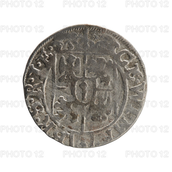one and a half, Pfahler, Ernest, orb of rule (iconographic), cross (iconographic), coats of arms, George William Hohenzollern (Elector of Brandenburg; Duke of Prussia; 1620-1640). Obv.: Under the ducal mitre a five-field coat of arms; below in the shield a value numeral 3. In the rim between the borders an inscription separated by the mitre and the value numeral GE.WI.MA] - BR.SRIE. Rv.: Royal orb with a cross with arms terminating in finials. In the lower part of the orb the value numerals 2, . On the sides of the cross the date numerals 2-, . In the rim between the borders an inscription separated by a cross and a heart - hallmark .MON, NO. - DVC, RVS., 162-. Ducal Prussia (1525-1701), Königsberg; coin, diameter 19.0 mm, weight 1.09 g, axis 60 degrees.