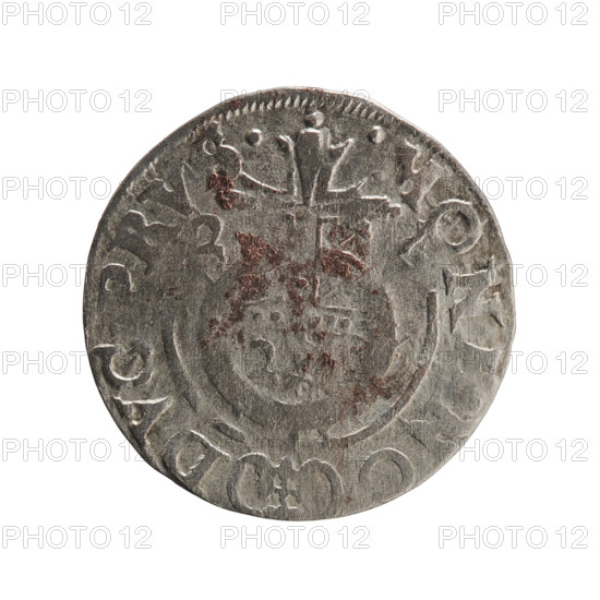 one and a half, Pfahler, Ernest, orb of rule (iconographic), cross (iconographic), coats of arms, George William Hohenzollern (Elector of Brandenburg; Duke of Prussia; 1620-1640). Obv.: Under the ducal mitre a five-field coat of arms; below in the shield a value numeral 3. In the rim between the borders an inscription separated by the mitre and the value numeral GE.WI.MA] - BR.SRIE. Rev.: Royal orb with a cross with arms terminating in finials. In the lower part of the orb the value numerals 2, . On the sides of the cross the date numerals 2-, . In the rim between the borders an inscription separated by a cross and a heart - hallmark .MON, NO. - DVC, RVS., 162. Ducal Prussia (1525–1701), Königsberg. Coin; diameter 19.0 mm; weight 1.09 g; axis 60 degrees.