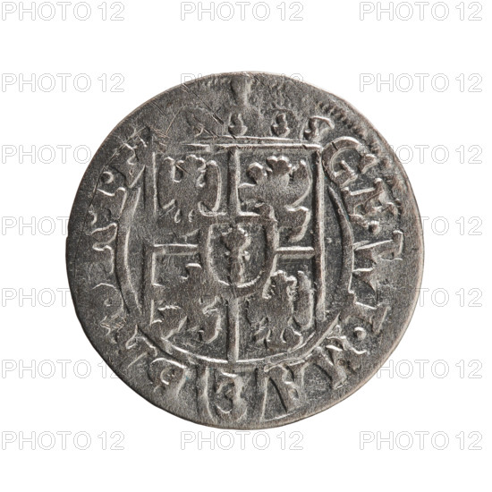 one-and-a-half, Pfahler, Ernest, orb of reign (iconographic), George William Hohenzollern (Elector of Brandenburg; Duke of Prussia; 1620–1640), cross (iconographic), coats of arms. Obverse: Under the ducal mitre a five-field coat of arms; below in the shield the value numeral 3. In the rim between the borders an inscription separated by the mitre and the value numeral GE.WI.MA - BR, RIE. Reverse: Royal orb with a cross with arms terminating in finials. In the lower part of the orb the value numerals 24. On the sides of the cross the date numerals 2-, . In the rim between the borders an inscription divided by a cross and a heart - hallmark .MONE.NO, DVC.PRVS., 162. Königsberg, Ducal Prussia (1525–1701). Coin; diameter 19.3 mm; weight 1.06 g; axis 80 degrees.