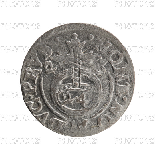 one-and-a-half, Pfahler, Ernest, orb of reign (iconographic), George William Hohenzollern (Elector of Brandenburg; Duke of Prussia; 1620-1640), cross (iconographic), coats of arms. Obv. Under the ducal mitre a five-field coat of arms; below in the shield the value numeral 3. In the rim between the borders an inscription separated by the mitre and the value numeral GE.WI.MA - BR, RIE. Reverse. Royal orb with a cross with arms terminating in finials. In the lower part of the orb the value numerals 24. On the sides of the cross the date numerals 2-, . In the rim between the borders an inscription divided by a cross and a heart - hallmark .MONE.NO, DVC.PRVS., 162. Königsberg, Ducal Prussia (1525-1701). Coin; diameter 19.3 mm; weight 1.06 g; axis 80 degrees.
