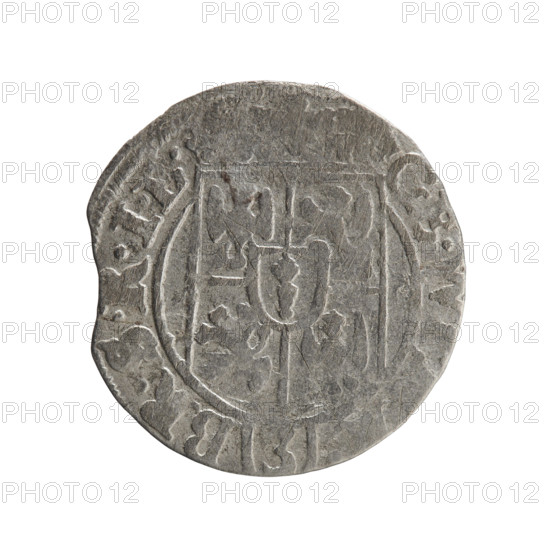 One-and-a-half, Pfahler, Ernest; George William of Hohenzollern (Elector of Brandenburg; Duke of Prussia; 1620–1640); cross (iconographic); orb of rule (iconographic); coats of arms. Obv.: Under the ducal mitre, a five-field coat of arms; below in the shield the value numeral 3. In the rim between the borders an inscription separated by the mitre and the value numeral GE., - BR.SRIE. Rev.: Royal orb with a cross with arms terminating in fleurs; in the lower part of the orb the value numerals; on the sides of the cross the date numerals Z-, . In the rim between the borders an inscription divided by a cross and a heart — hallmark, E.NO. — DVC., VS., 162_. Ducal Prussia (1525–1701), Königsberg; coin; diameter 19.0 mm; weight 1.03 g; axis 180°.