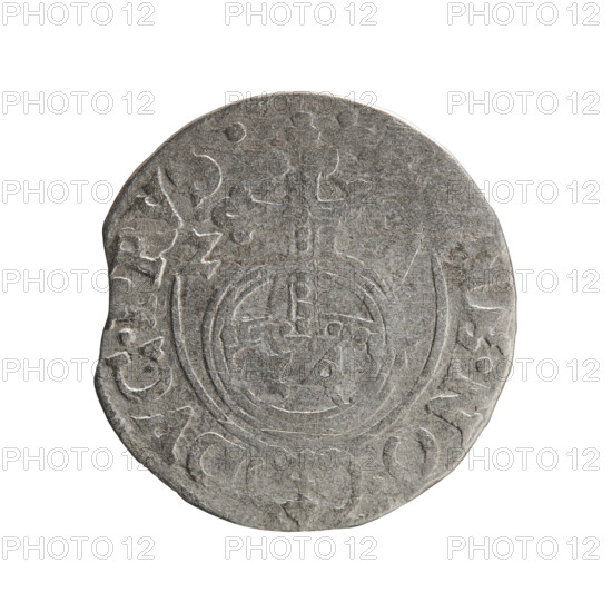 one-and-a-half; George William of Hohenzollern (Elector of Brandenburg; Duke of Prussia; 1620–1640); Obv.: Under the ducal mitre, a five-field coat of arms, below in the shield the value numeral 3; in the rim between the borders an inscription separated by the mitre and the value numeral GE., - BR.SRIE; Rv.: Royal orb with a cross with arms terminating in fleurons; in the lower part of the orb, the value numerals; on the sides of the cross, the date numerals Z-, .; in the rim between the borders an inscription divided by a cross and a heart - hallmark, E.NO. - DVC., VS., 162; Ducal Prussia (1525–1701), Königsberg; coin; diameter 19.0 mm; weight 1.03 g; axis 180 degrees.